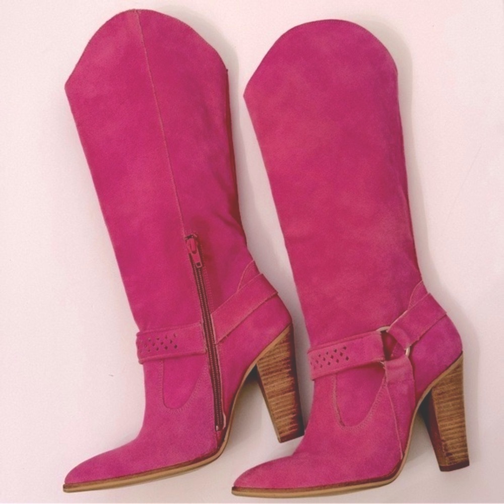 San Marina Suede Pink Tall Point Toe High Heel Buckle Zip Up Boot EU 37 US 6-6.5